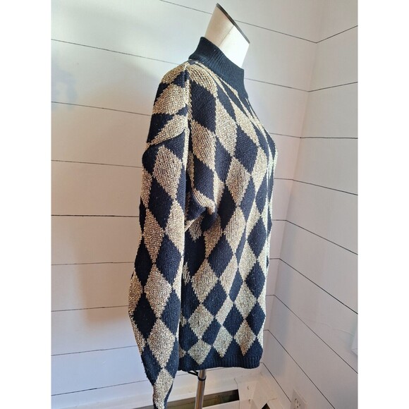 VTG Pullover Sweater Metallic Gold/Black Diamond Pattern Maurada Collections XL - Picture 4 of 14